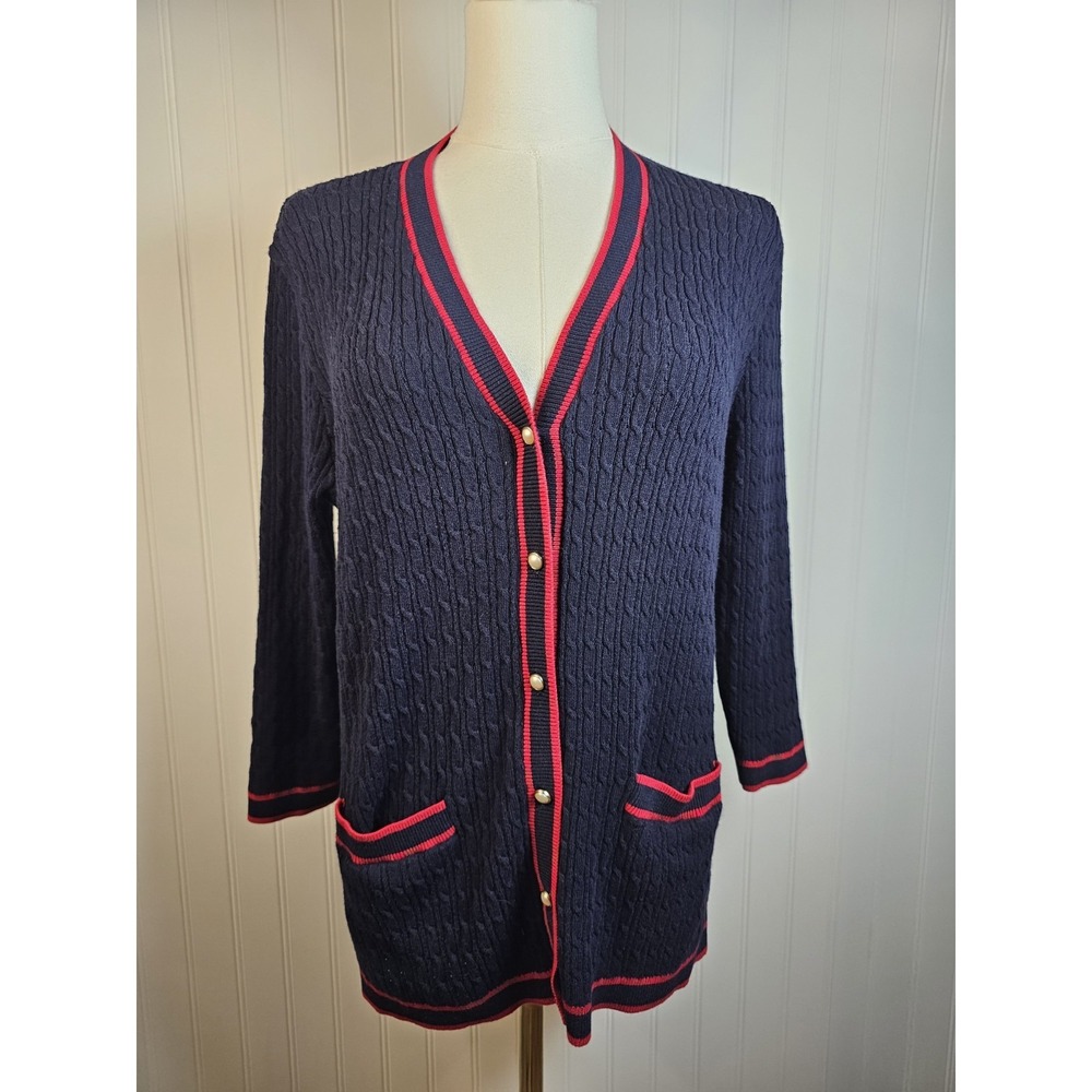 Talbots Textured V-Neck Cardigan Sweater Women's Size LP Navy Pearl Buttons